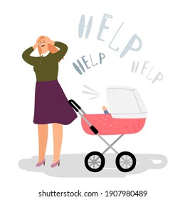 Postnatal Depression Concept. Crying Woman, Newborn In Buggy. Postpartum Depression, Mother Need Help