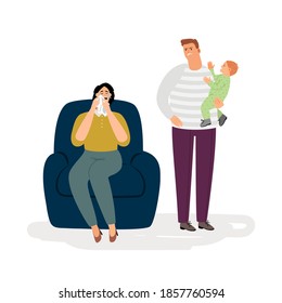 Postpartum Depression. Angry Man Crying Woman And Baby. Postnatal Depression Concept