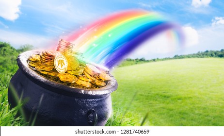 Pot at the end of the rainbow with gold coins on the grass /3D Render, illustration