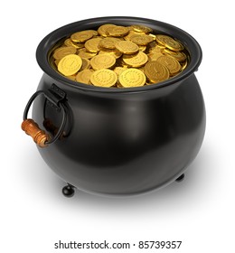 Pot Full Of Gold Coins Isolated On White Background