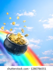 Pot with gold coins on a rainbow  /3D Render, illustration