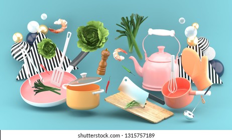 Pot  kettle  chopping board  knife  pan among vegetables   shrimp blue background   3d rendering 