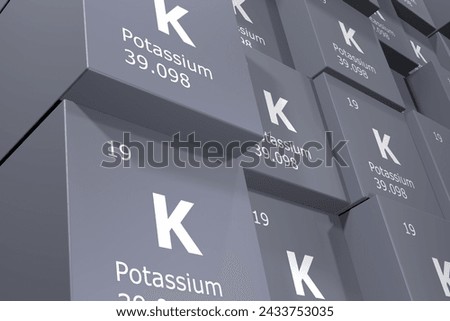 Potassium, 3D rendering background of cubes of symbols of the elements of the periodic table, atomic number, atomic weight, name and symbol. Education, science and technology. 3D illustration