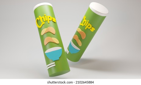 Potato chips packaging falling on white background. 3d Rendering illustration