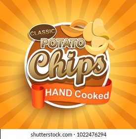 Potato Crispy Chips Label With Sunburst And Ribbom. Illustration For Cafe And Restaurant Menu. Raster Copy