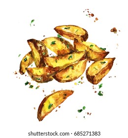 Potato Wedges. Watercolor Illustration. 