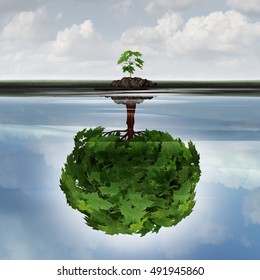 Potential success concept as a symbol for aspiration philosophy idea and determined growth as a sapling making a reflection  of a mature large tree in the water with 3D illustration elements.