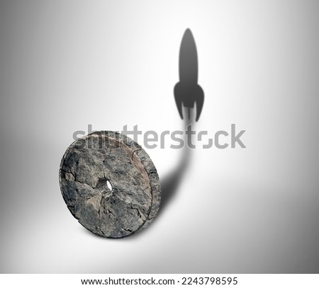 Potential of technology and to accelerate invention and the evolution of tech as a stone wheel casting a shadow of a rocket blasting off to forge ahead into the future in a 3D illustration style.