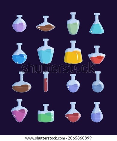 Potion jar. Witchcraft magic bottles game design objects antidot pictures set