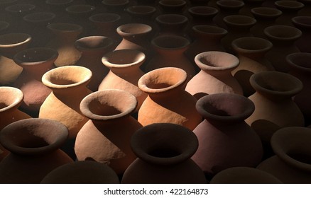 pottery ceramics 3D illustration. A collection of ceramic pots in a dark room with dust.