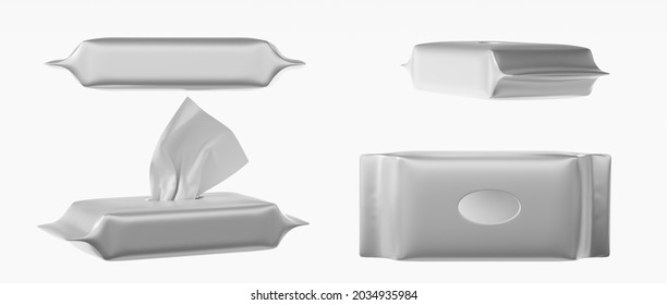 Pouch with wet wipes, open plastic blank package isolated set, front, top and angle view. Realistic mockup white bag with antibacterial disposable napkins or facial tissues, hygiene care, 3d render