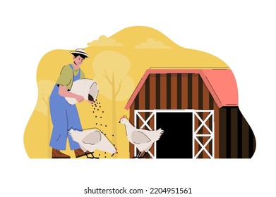 Poultry Farming Concept. Farmer Feeding Chickens, Works On His Farm Situation. Aviculture, Agribusiness People Scene. Illustration With Flat Character Design For Website And Mobile Site