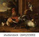 A Poultry Yard (c 1660 - c 1665) by Melchior d Hondecoeter. Vintage oil painting. Beautiful old artwork, oil painting. Vintage illustration.