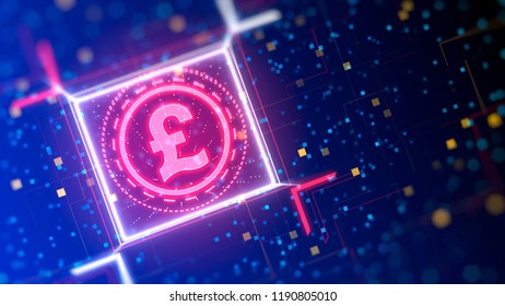 Pound sterling currency logo. Financial sign on digital background. Closeup with depth of field, bokeh, neon lights.