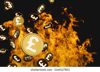 Pounds Sterling Burn In A Burning Flame As A Concept Of Inflation And Loss Of Savings. 3d Rendering