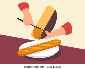 Pouring Melted Cheese On A Baguette. Melted Cheese Oozing Off. Hands Of A Person Melting The Cheese With A Knife.