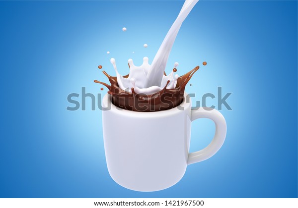 コーヒー コーヒー 牛乳を注ぎ 白いカップに飛び散る 切り取り線 3dレンダリング のイラスト素材