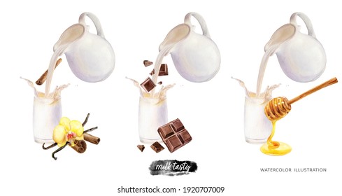 Pouring milk from jug into glass and vanilla cinnamon chocolate honey watercolor illustration isolated white background