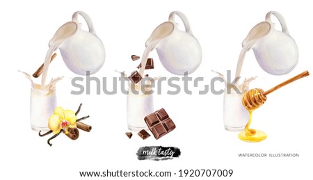 Pouring milk from a jug into a glass with vanilla cinnamon chocolate honey watercolor illustration isolated on white background