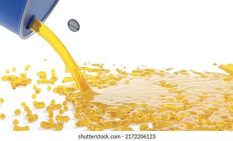 Pouring Oil From Oil Barrel 200 Liter Drum On White Background, Petroleum Oil Industry Concept, 3D Rendering.