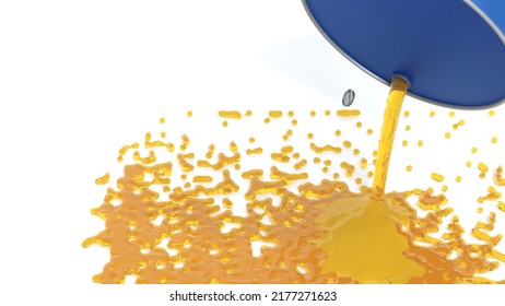 Pouring Oil From Oil Barrel 200 Liter Drum On White Background, Petroleum Oil Industry Concept, 3D Rendering.