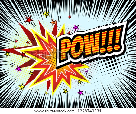 Pow.  Retro Comic Speech Bubble, Cartoon Comics Template. Mock-up of Book Design Elements. Sound Effects, Colored Halftone Background