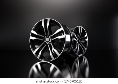 Powder Coating Of Black Wheel Disk On Black Background. 3D Rendering Illustration.