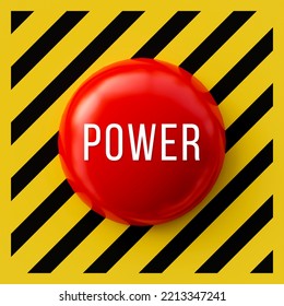 Power Button With Red Color Isolated On Black And Yellow Striped Background. 3D Rendering