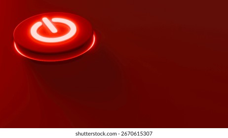 Power button with a red power icon on a dark stage, power and shutdown theme, 3D illustration, horizontal image