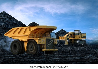 Power crisis as coal demand outstrips supply. Coal prices may have reached peak. Open pit mine with heavy equipment - dump truck, excavator. Extractive energy industry, coal mining 3D illustration