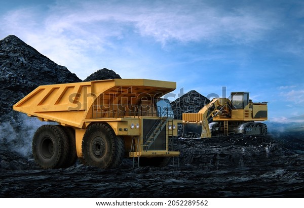 Power crisis as coal demand outstrips\
supply. Coal prices may have reached peak. Open pit mine with heavy\
equipment - dump truck, excavator. Extractive energy industry, coal\
mining 3D\
illustration