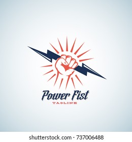 Power Fist Abstract Emblem, Symbol or Logo Template. Hand Holding Lightning Bolt Silhouette with Retro Typography. Raster Copy.