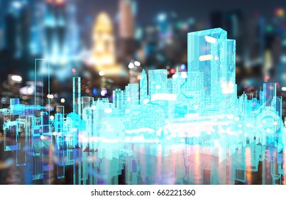 Power Grid , Smart City Energy , Electric Energy Distribution Chain Industry Technology Concept.  3D Rendering Of Building And Blur City Bokeh Background.