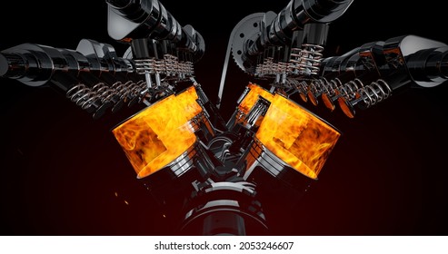 Power Hungry Working V8 Engine. Explosions And Sparks. Machines And Industry 3D Illustration Render.