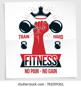Power lifting competition poster. composition of muscular bodybuilder arm holds dumbbell sport equipment. No pain, no gain writing.