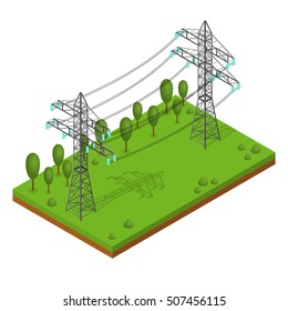 Power Lines Pylons. Landscape Support High Voltage. Isometric View. Illustration