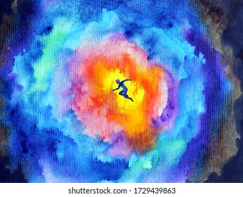 Power Mind Human Jumping In Abstract Spiritual Universe Art Watercolor Painting Illustration Design Hand Drawing