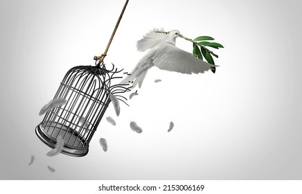 Power Of Peace And Freedom Sacrifice Diplomacy Or Hope Symbol As A Dove With Olive Branches Breaking Out Of A Birdcage Prison With 3D Illustration Elements.