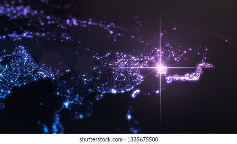 Power Of South Korea, Energy Beam On Seoul. Dark Map With Illuminated Cities And Human Population Density Areas. Suitable For Technology, Future, Politics And Science Themes. 3d Illustration