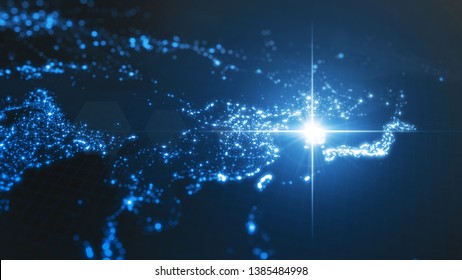 Power Of South Korea, Energy Beam On Seoul. Dark Map With Illuminated Cities And Human Population Density Areas. Suitable For Technology, Future, Politics And Science Themes. 3d Illustration