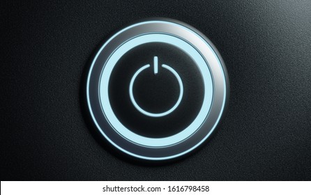 Power start button or ignition launching button with blue light ,creative design purpose use and motivation concept . 3D rendering .