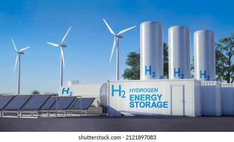 Power Station Hydrogen Energy Storage Battery With Solar Plant And Wind Turbine. 3D Illustration