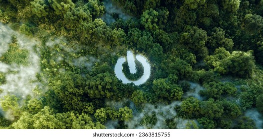 A power switch icon as a water oasis in a dense forest, embodying nature's force, green energy, and tech's mindful role in nature preservation. 3d rendering. - Powered by Shutterstock