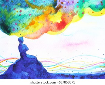 power of thinking, abstract imagination, world, universe inside your mind, watercolor painting