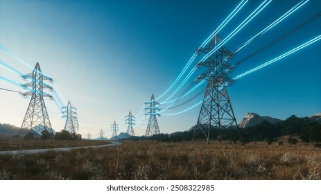 Power Transmission Lines. Clean Ecological Environment. High voltage steel power pylons in field. Transmission of electricity through high-voltage wires