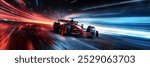 Powerful acceleration of a generic red formula one car on on the night racing track with light strips and motion blur. The concept of fast and powerful technology. 3d illustration	