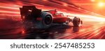 Powerful acceleration of a generic red formula one car on on the night racing track with light strips and motion blur. The concept of fast and powerful. 3d illustration