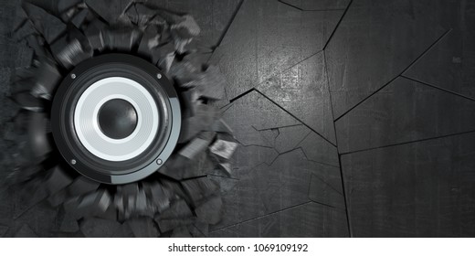 Powerful Audio Speakers Broke Concrete Wall.  Explosion Hole And Debris. Hard Rock Or Heavy Metal Energy Music Concept. 3d Illustration