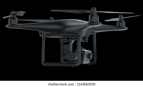 Powerful  Black Drone Loaded With Some Of Most Advanced Imaging And Flight Technologies Under Black Background. Concept Image Of Video Production, Agriculture Solution And Public Safety. 3D CG.