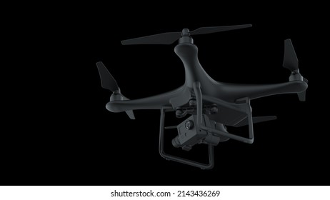 Powerful  Black Drone Loaded With Some Of Most Advanced Imaging And Flight Technologies Under Black Background. Concept Image Of Video Production, Agriculture Solution And Public Safety. 3D CG.